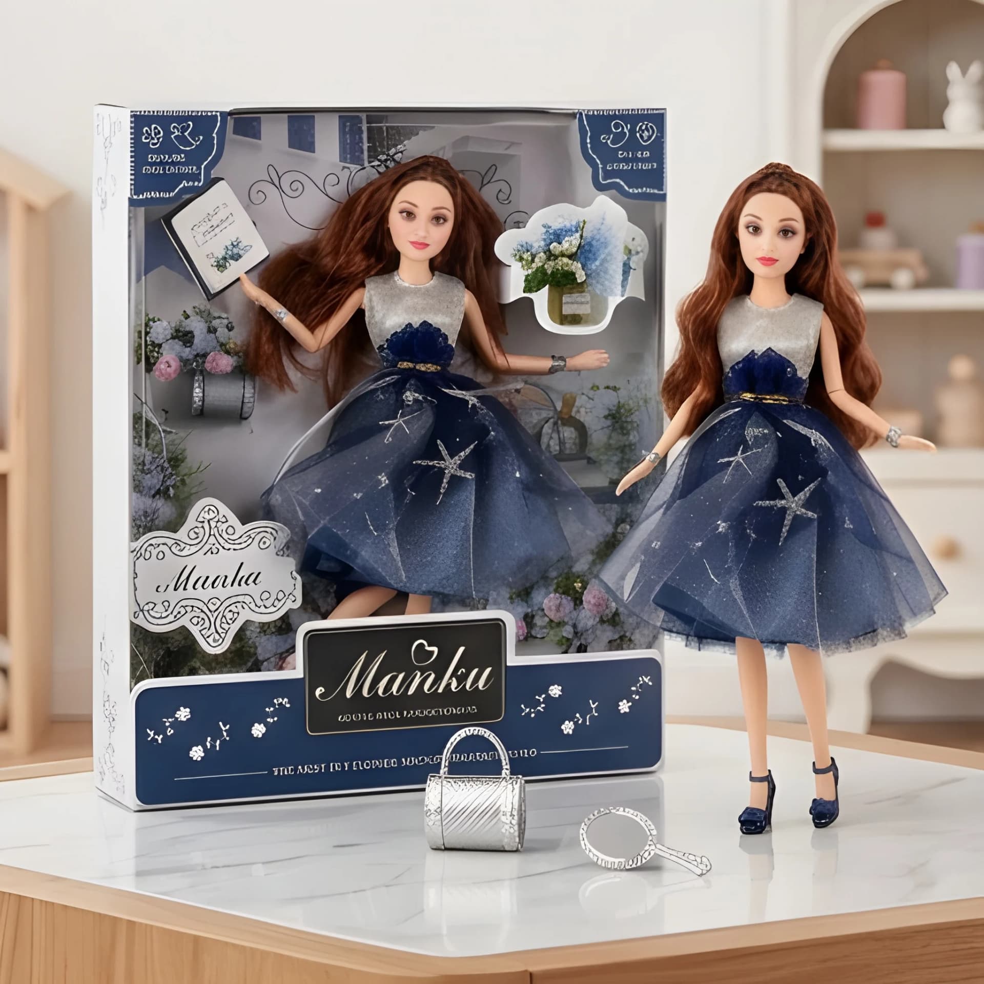 Elegant Girl Fashion Doll – Blue Gown with Handbag & Mirror