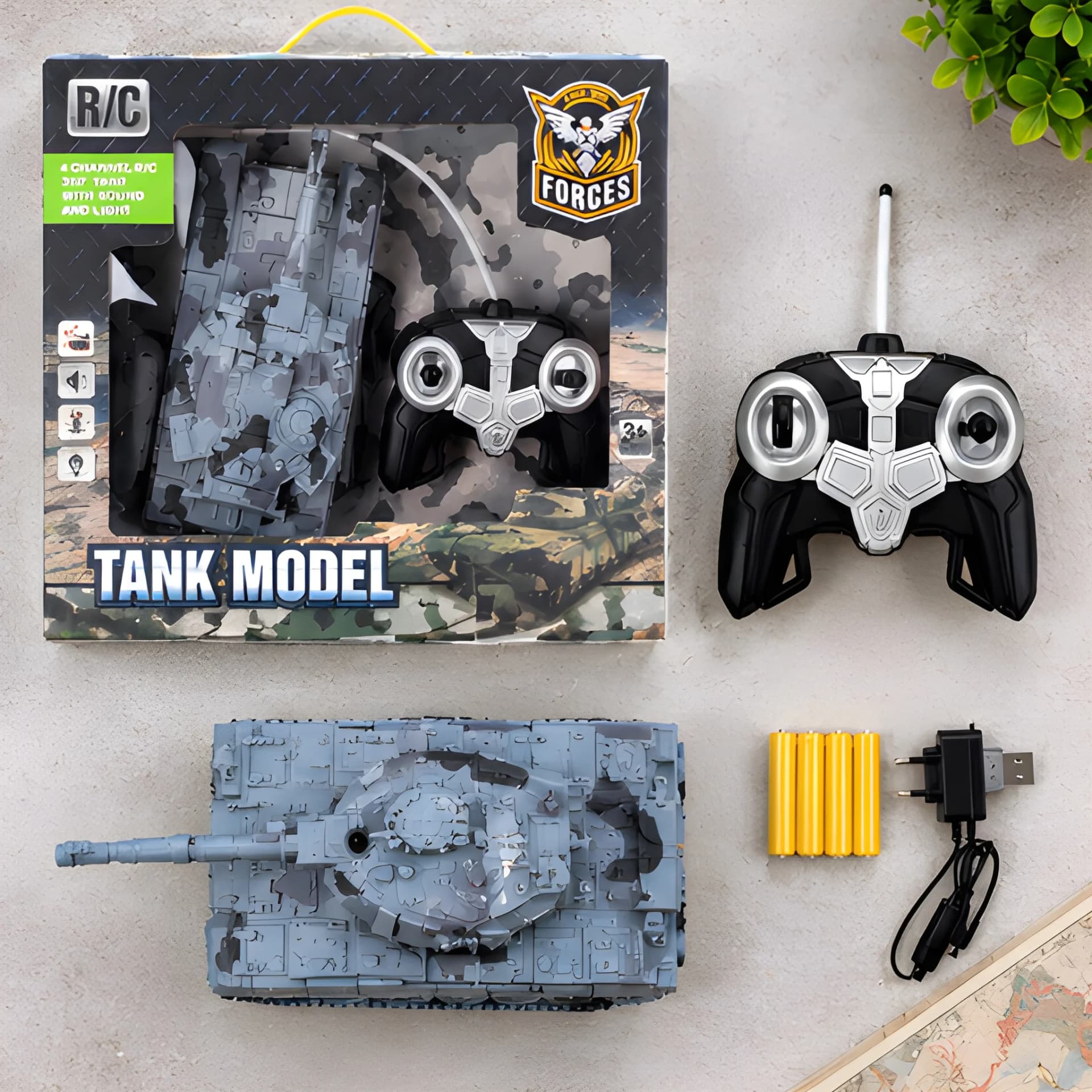 RC Tank Model Toy – Remote Control Army Tank with Rechargeable Batteries & Charger for Kids