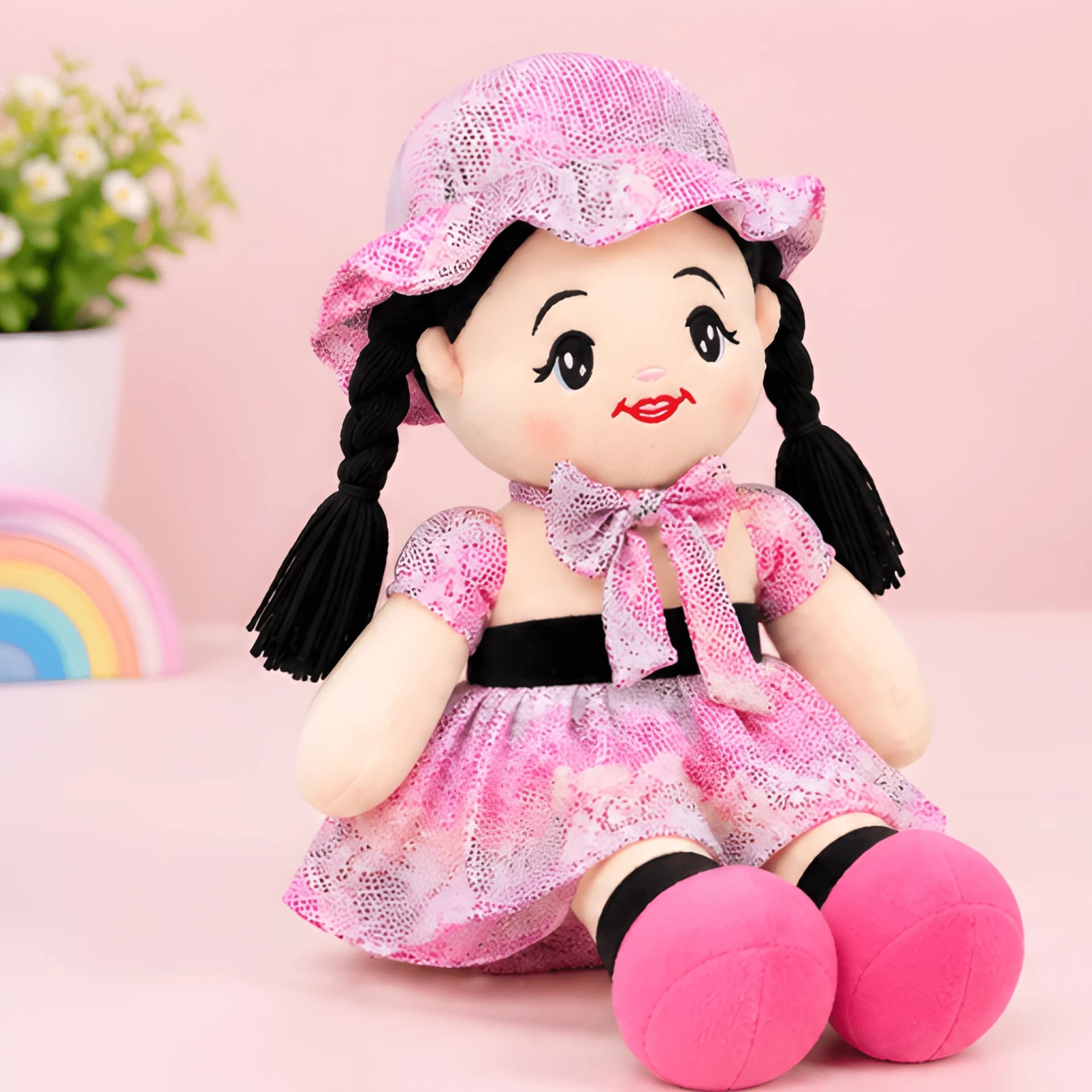 Soft Doll for Girls – Cute Plush Girl Doll with Pink Dress & Hat