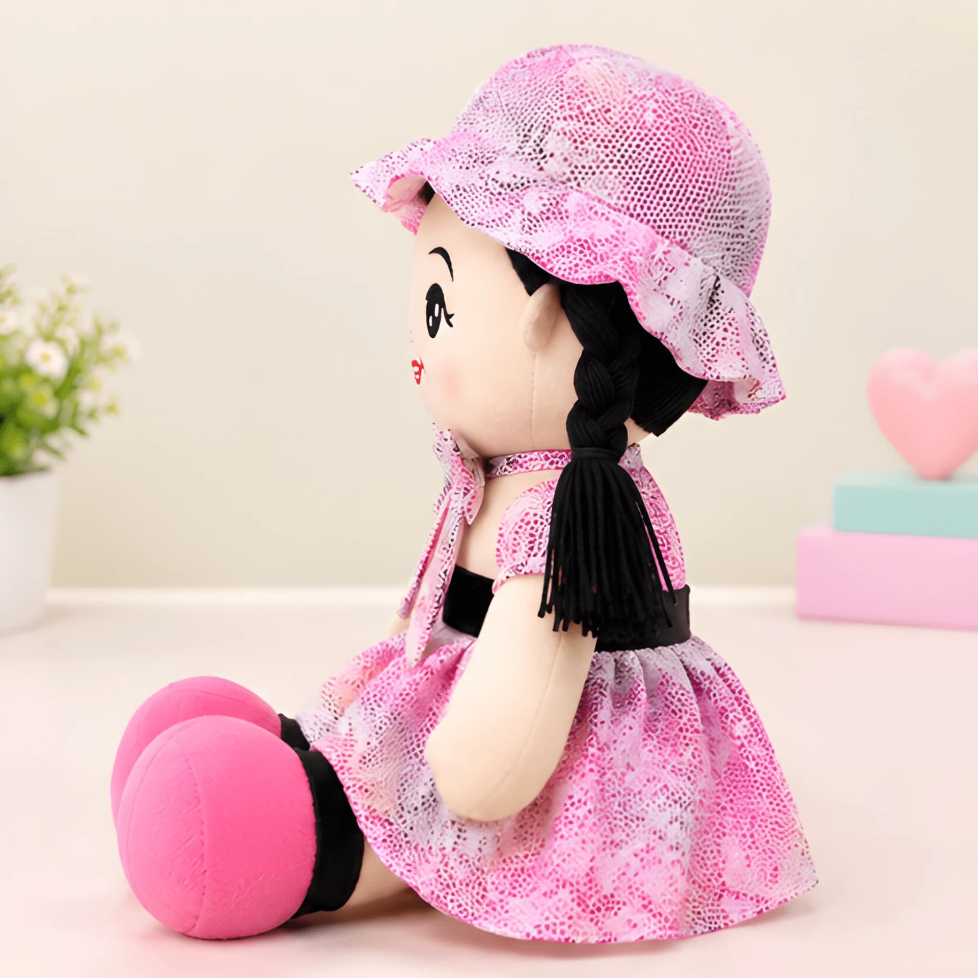 Soft Doll for Girls – Cute Plush Girl Doll with Pink Dress & Hat – girl doll toy