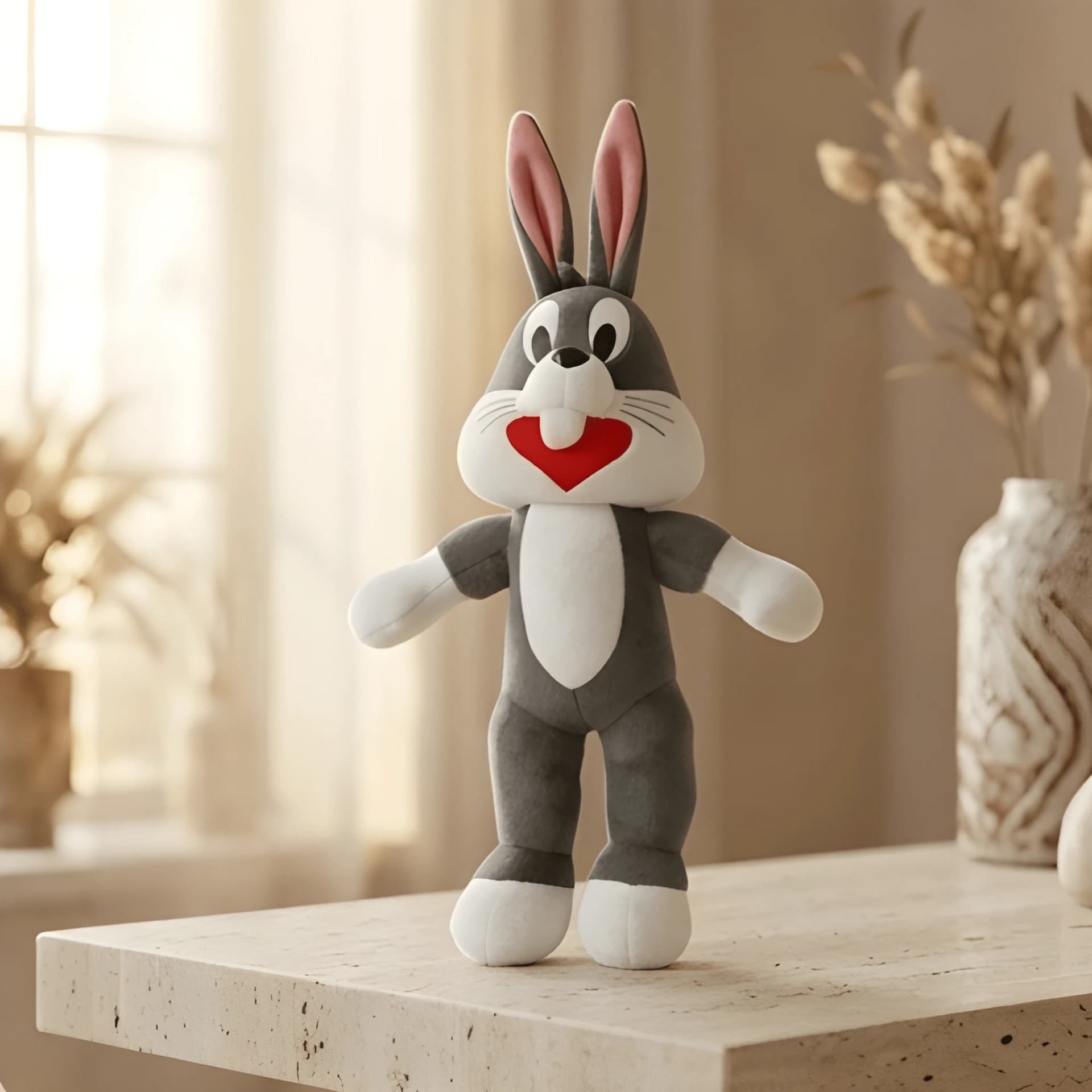 Bunny Soft Toy – Standing Cartoon-Style Rabbit Plush Toy | Grey & White with Big Ears
