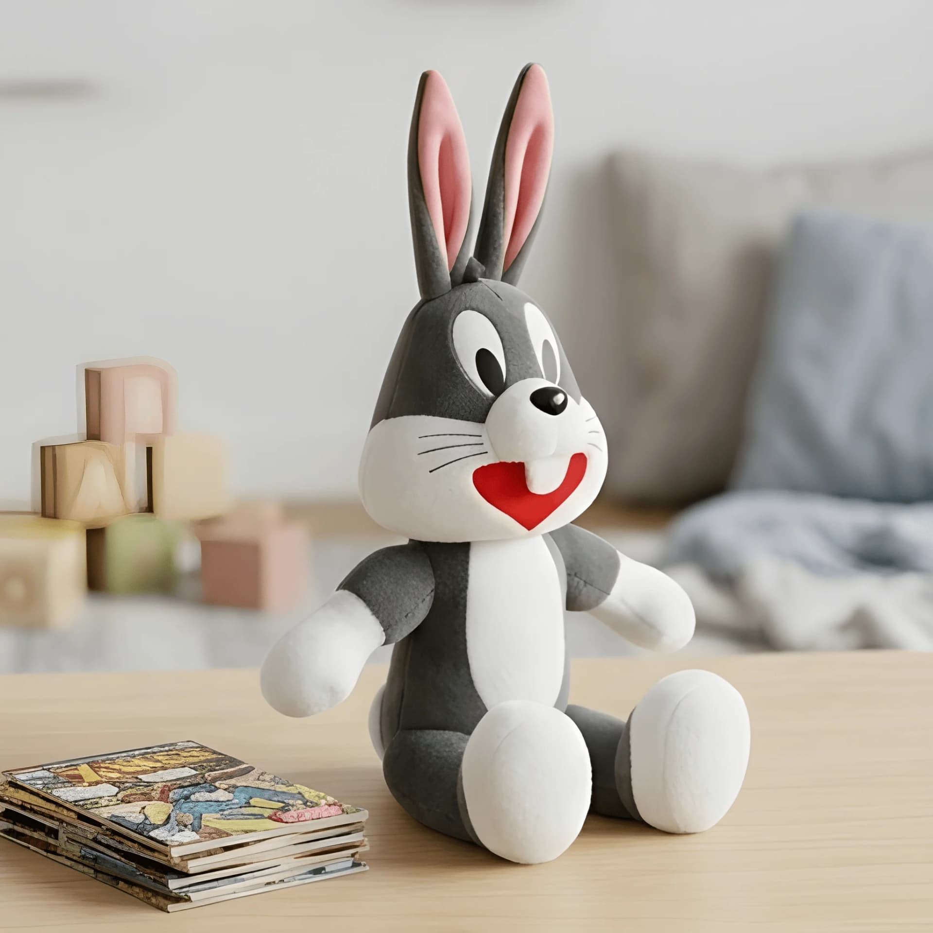 Bunny Soft Toy – Standing Cartoon-Style Rabbit Plush Toy | Grey & White with Big Ears – bunny plush toy