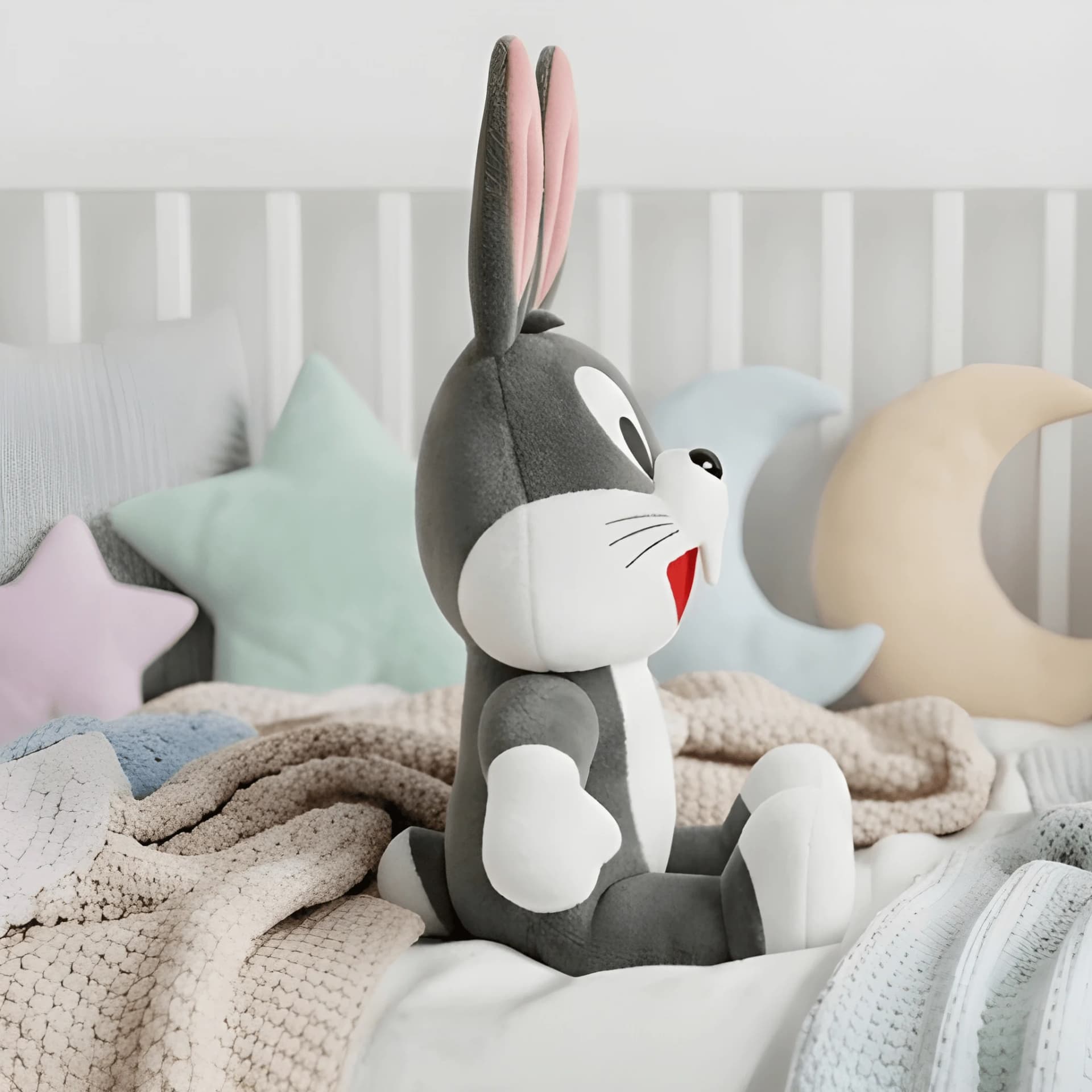 Bunny Soft Toy – Standing Cartoon-Style Rabbit Plush Toy | Grey & White with Big Ears – cartoon rabbit plush