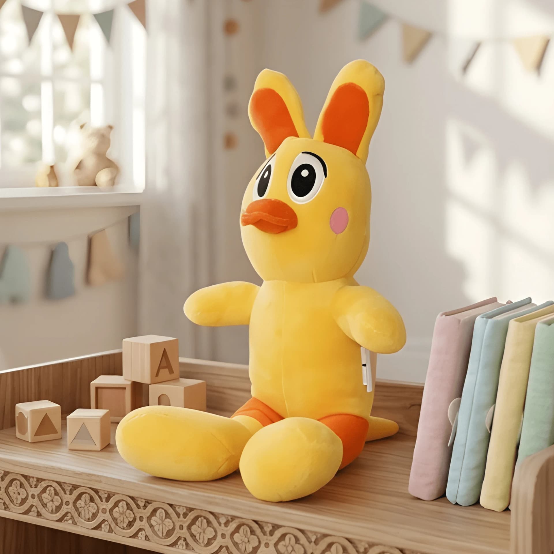 Duck Soft Toy – Sitting Cartoon Plush, Yellow & Orange, Big Ears, Kids Gift