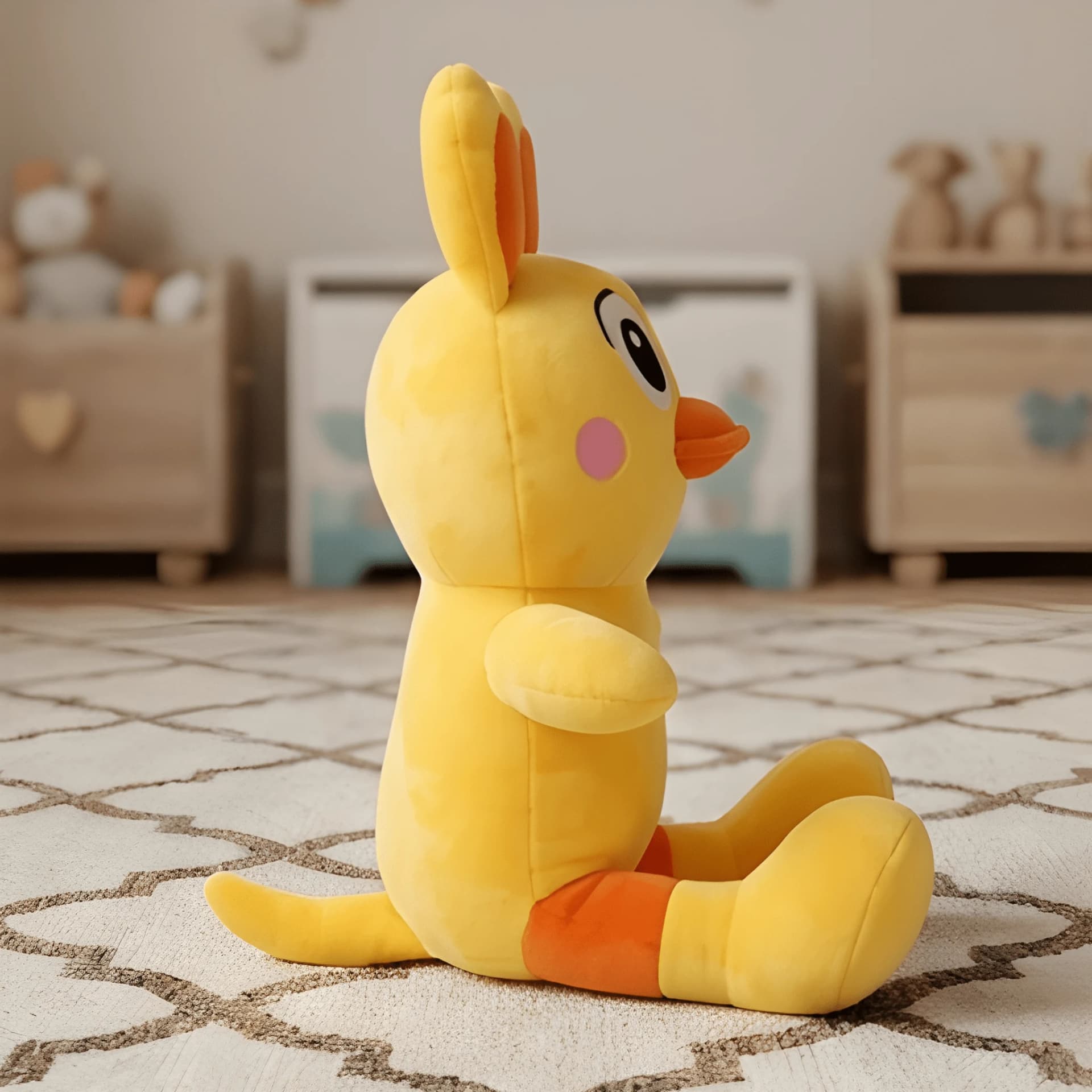 Duck Soft Toy – Sitting Cartoon Plush, Yellow & Orange, Big Ears, Kids Gift – stuffed animal duck