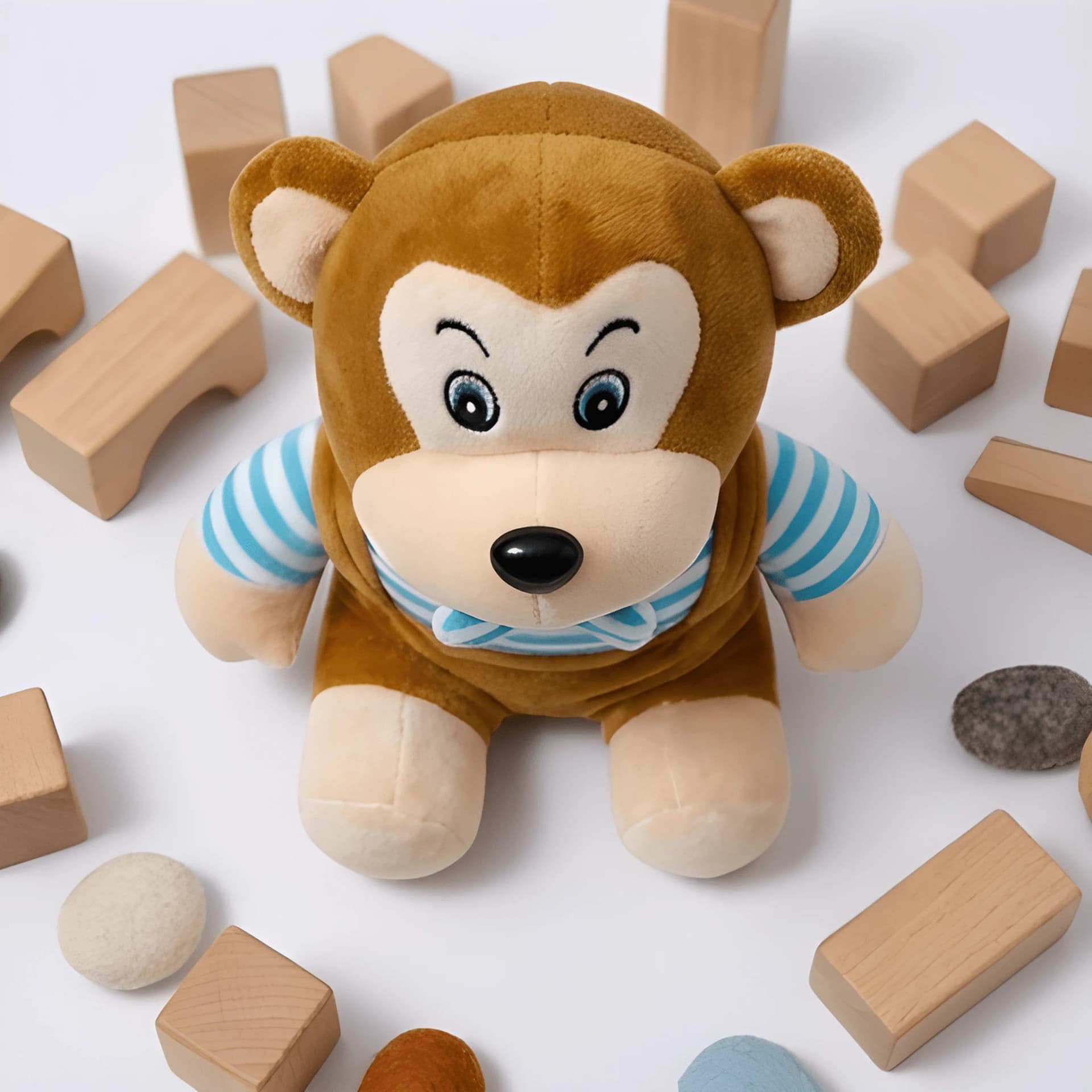 Monkey Soft Toy – 10 Inch Plush Monkey with Blue Striped Outfit – stuffed monkey