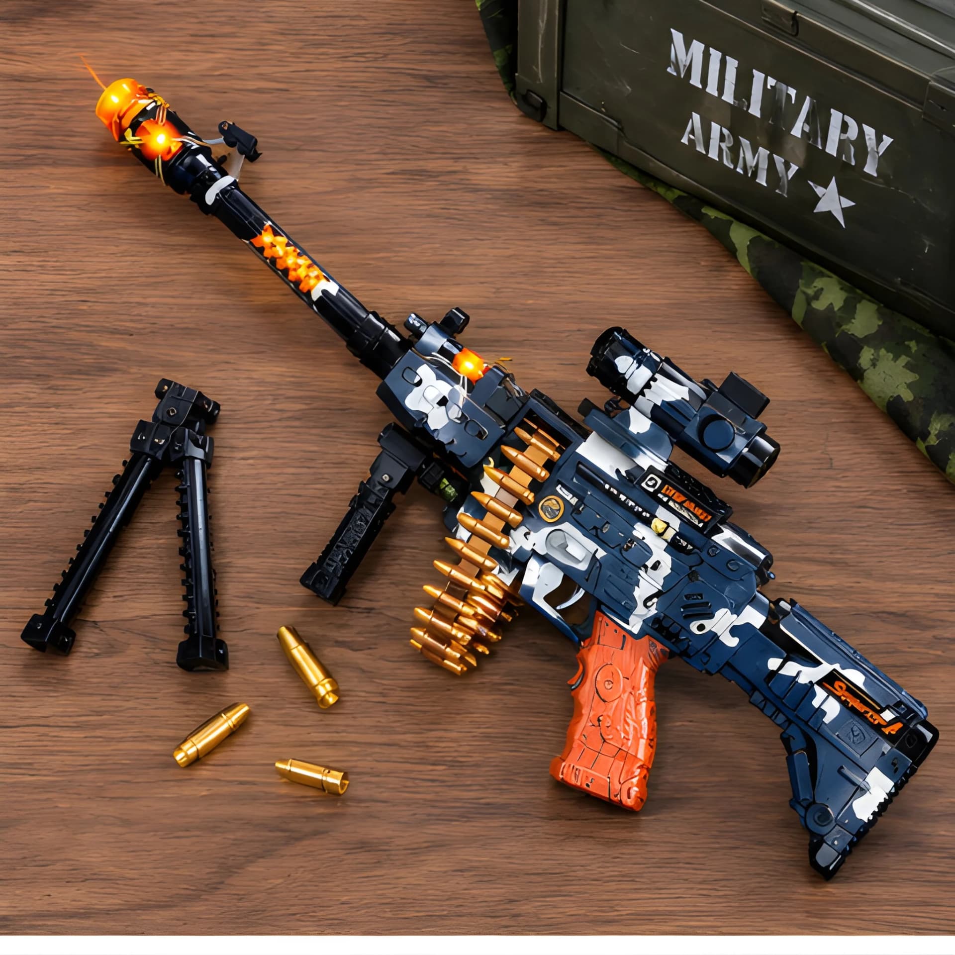 Military Toy Machine Gun – Light & Sound, Red Laser & Rotating Bullet Belt