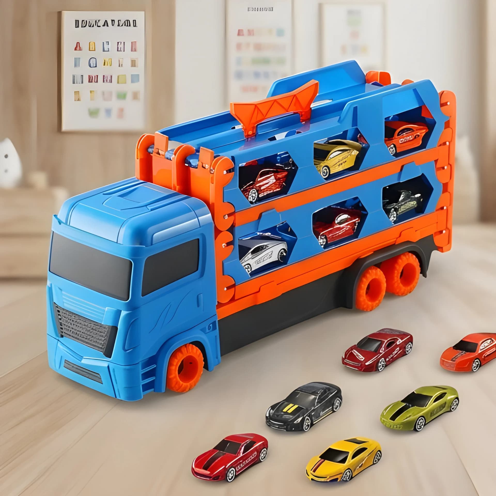 Die Cast Car Carrier Truck – Transporter Toy with 6 Mini Cars