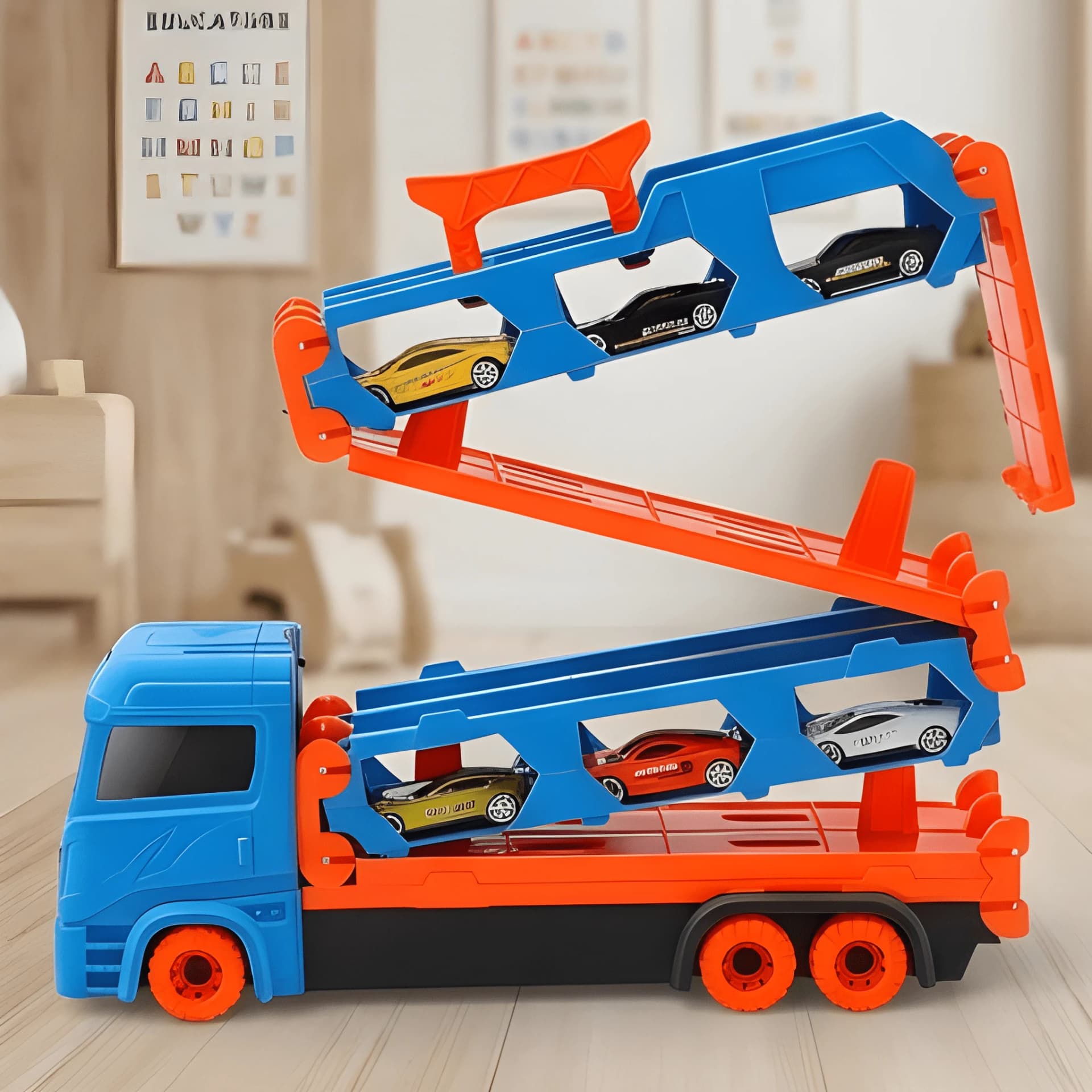 Die Cast Car Carrier Truck – Transporter Toy with 6 Mini Cars – car carrier truck toy