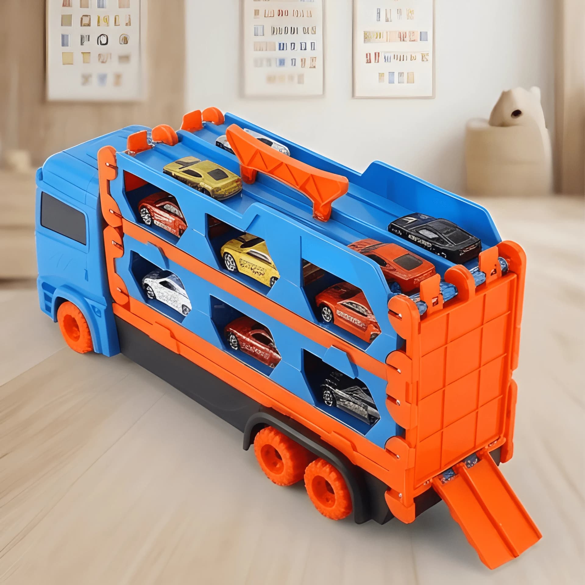 Die Cast Car Carrier Truck – Transporter Toy with 6 Mini Cars – die cast truck toy