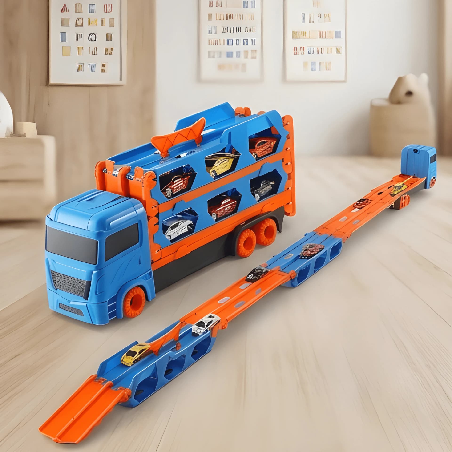 Die Cast Car Carrier Truck – Transporter Toy with 6 Mini Cars – vehicle carrier toy