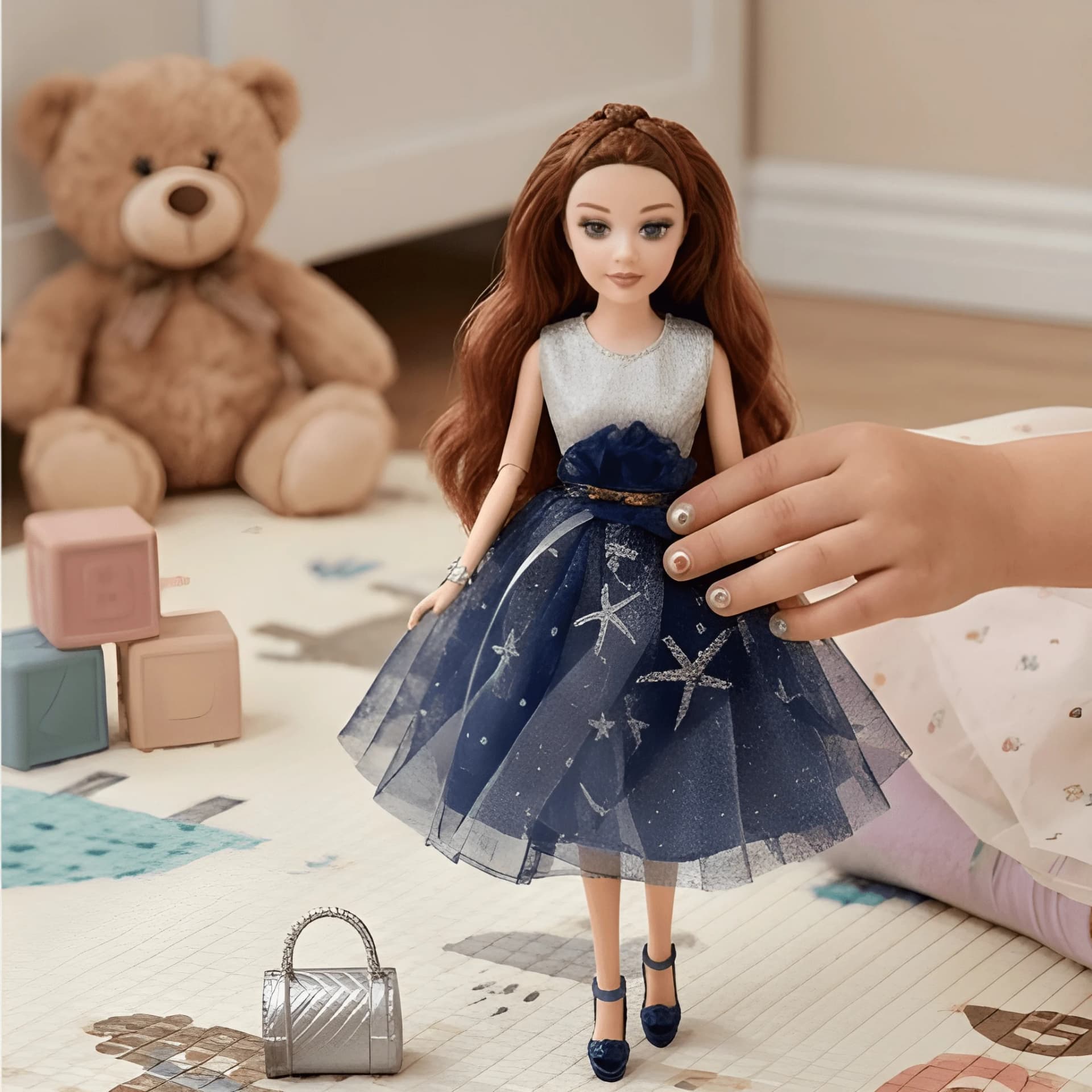 Elegant Girl Fashion Doll – Blue Gown with Handbag & Mirror – doll with accessories
