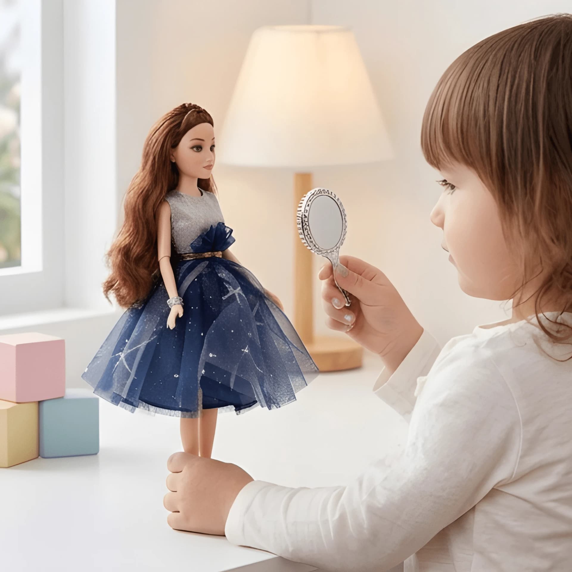 Elegant Girl Fashion Doll – Blue Gown with Handbag & Mirror – pretend play doll