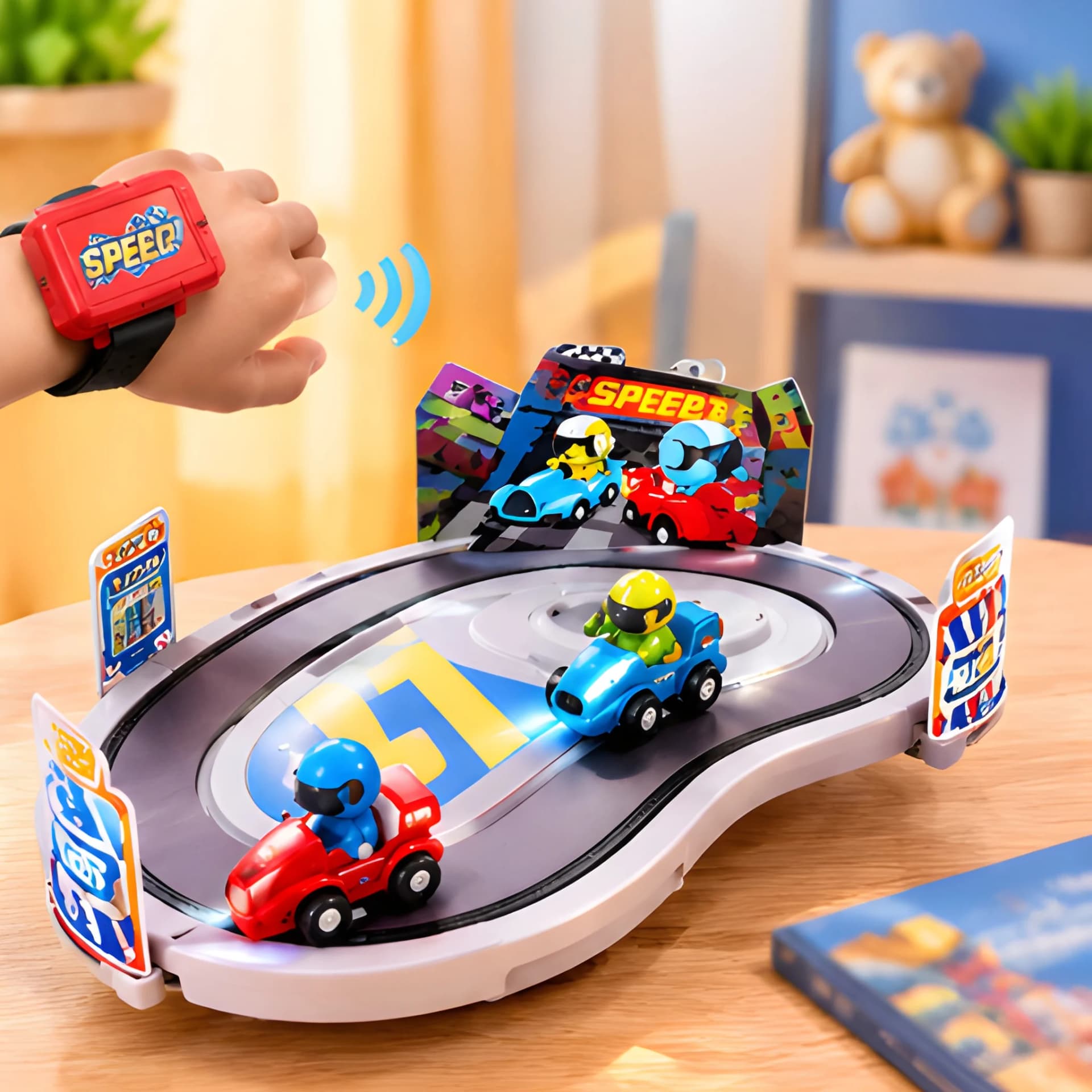 Two-Player Battle Race Car Toy – Wrist Controller Racing Set with Track for Kids – wrist control car toy