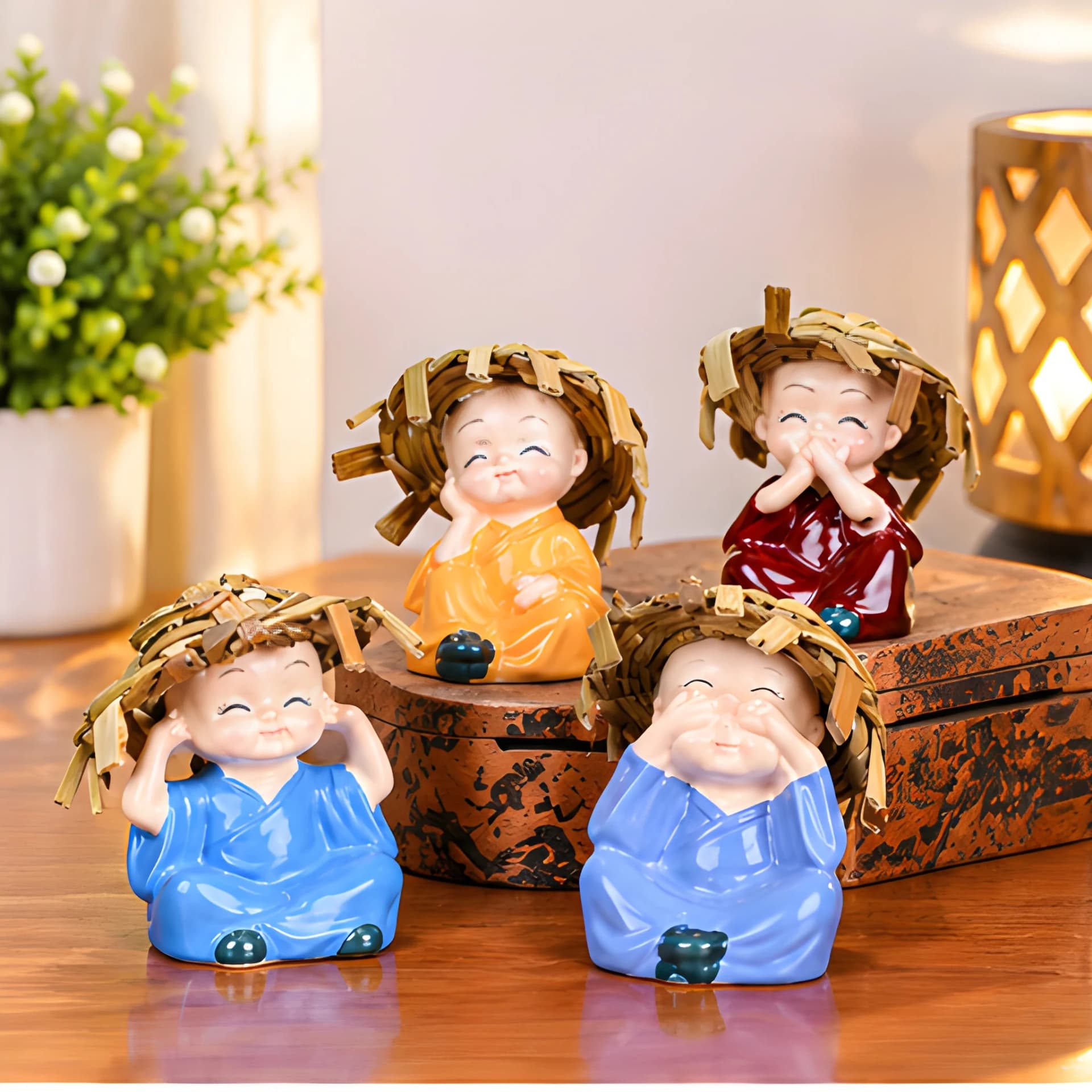 Four Little Monks Mini Buddha Statue – Cute Car Decor Figurines