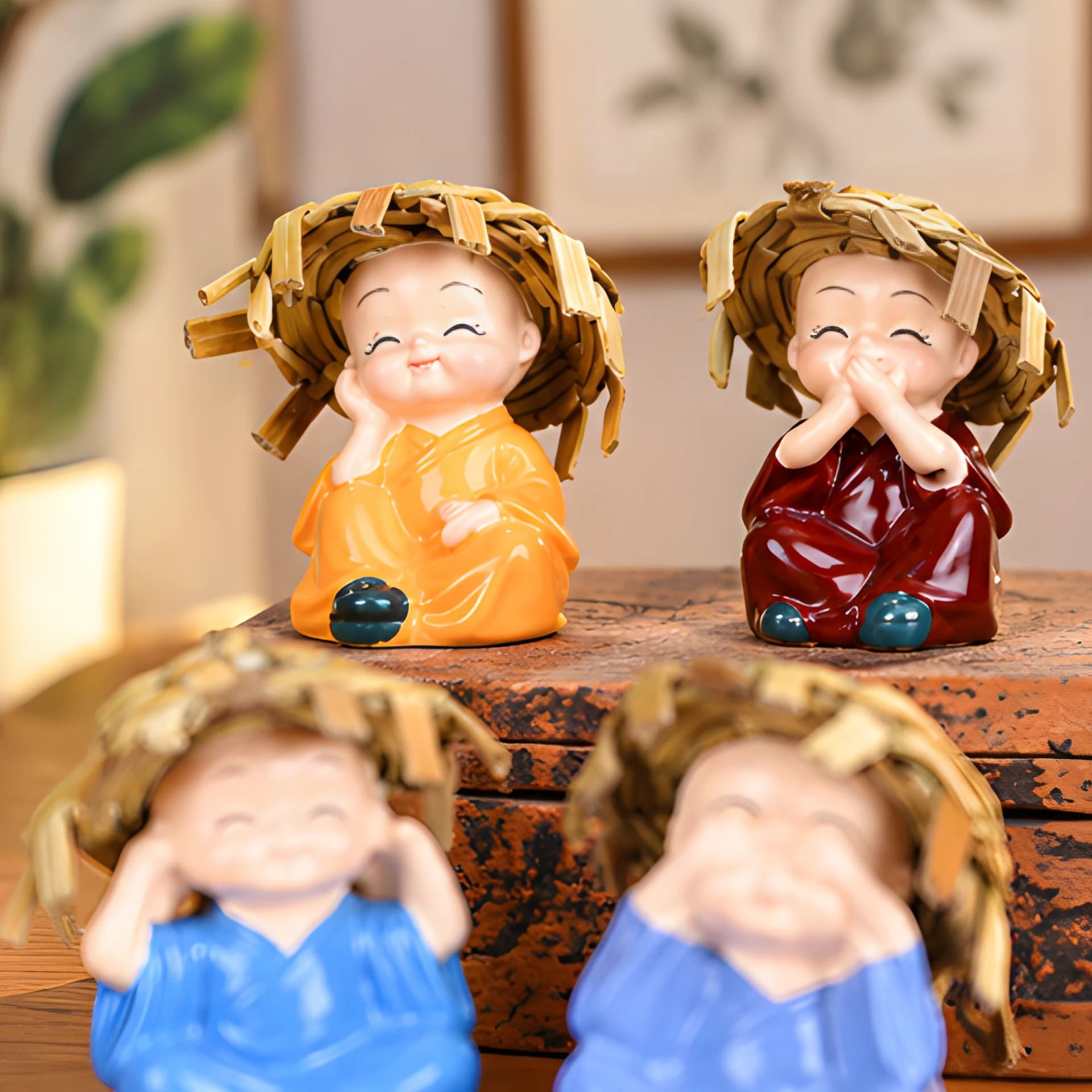 Four Little Monks Mini Buddha Statue – Cute Car Decor Figurines – baby monk sculpture